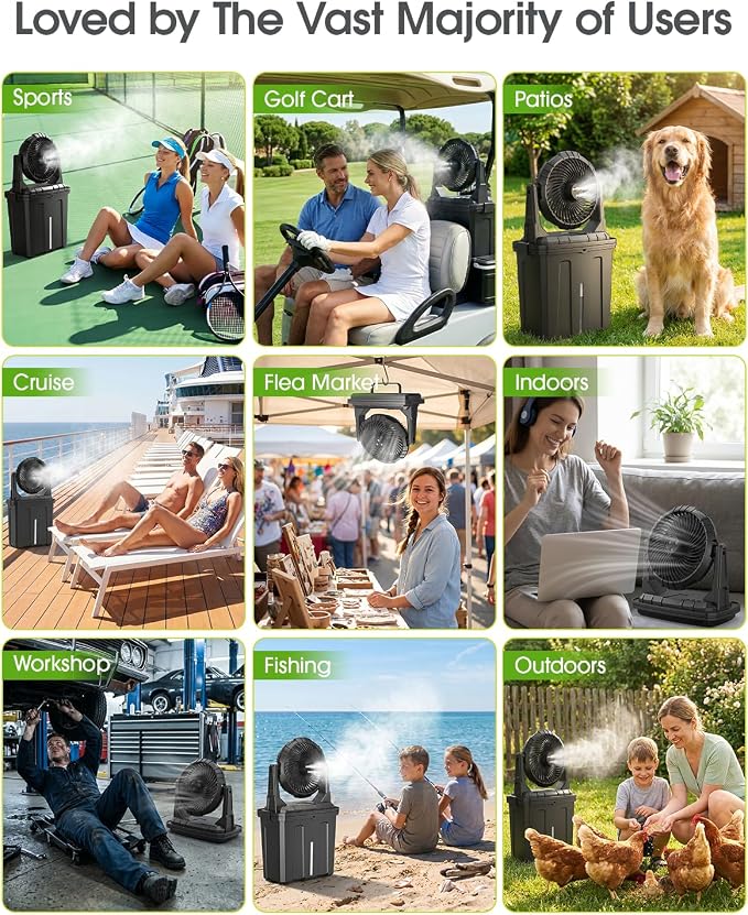 Ausic 2026 Upgraded 10″ 9L Oscillating Portable Misting Fan With Light, [Max 55Hrs] Golf Cart Mister Fan for Outside Patios, Outdoor Rechargeable Battery Operated Water Cool Fan-3 Spray Misters