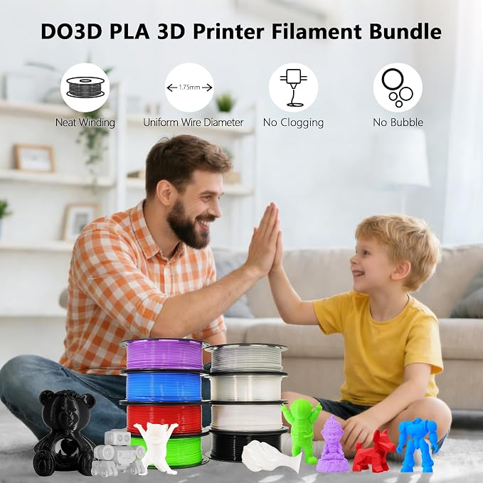 1.75mm 8 Spools Basic Colors PLA 3D Printer Filament Bundle, White/Black/Clear/Light Grey/Blue/Red/Green/Purple, Each Spool 0.25kg, Total 2kg PLA 3D Printing Material, 250g x 8 Spools