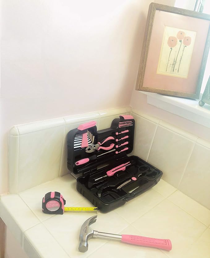Apollo Tools Original 39 Piece General Household Tool Set in Toolbox Storage Case with Essential Hand Tools for Everyday Home Repairs, DIY and Crafts - Pink Ribbon - DT9706P
