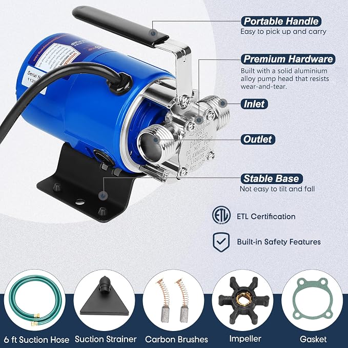 TecHome Water Pump, 115V 1/10HP 330GPH Water Transfer Utility Pump, With ON/OFF Switch And Suction Hose Kit.
