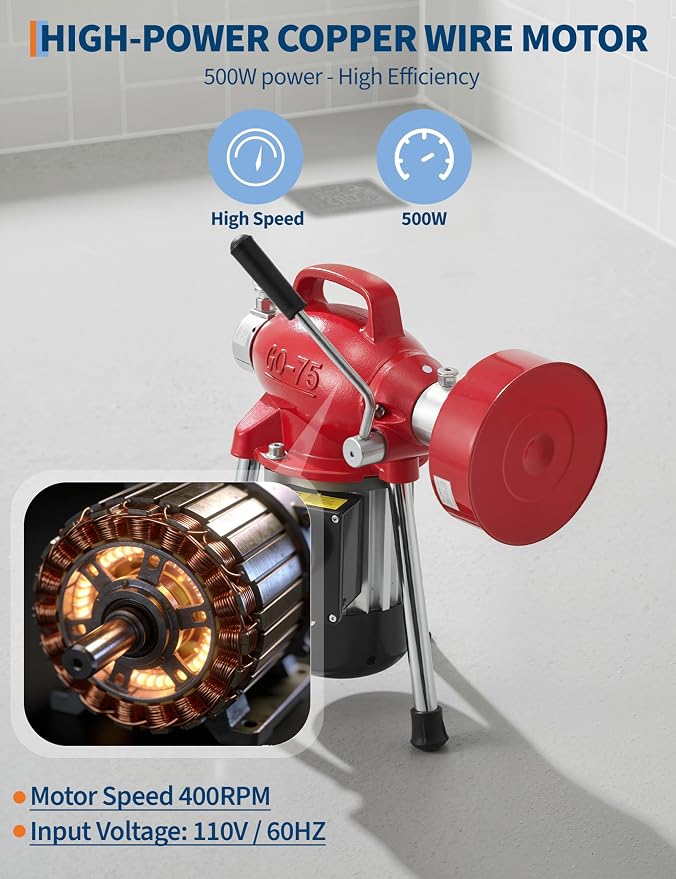 Professional Drain Cleaning Machine, Electric Sewer Snake Auger 500w 400RPM, Heavy-Duty Auto-Feed with 66Ft / 16Ft Cables & 6 Cutters for 3/4" to 4" Pipes for Sink Toilet Drainage