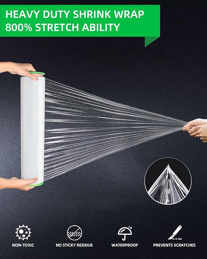 Stretch Wrap, Shrink Wrap Rolls 17in x 1500ft 2Pack, Heavy Duty Pallet Wrap | Clear, Self-Adhesive Cling, Includes Hand Grips, 80 Gauge Industrial Strength, for Moving Packing Shipping