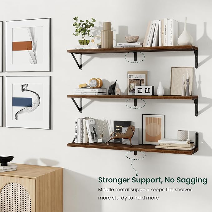 Floating Shelves 8 Inch Deep, 16W x 8D Wall Shelf Set of 2, 35 lbs Heavy Duty Reversible Metal Brackets, Industrial Book Shelf for Living Room Kitchen Bathroom Bedroom Gallery Wall, Walnut