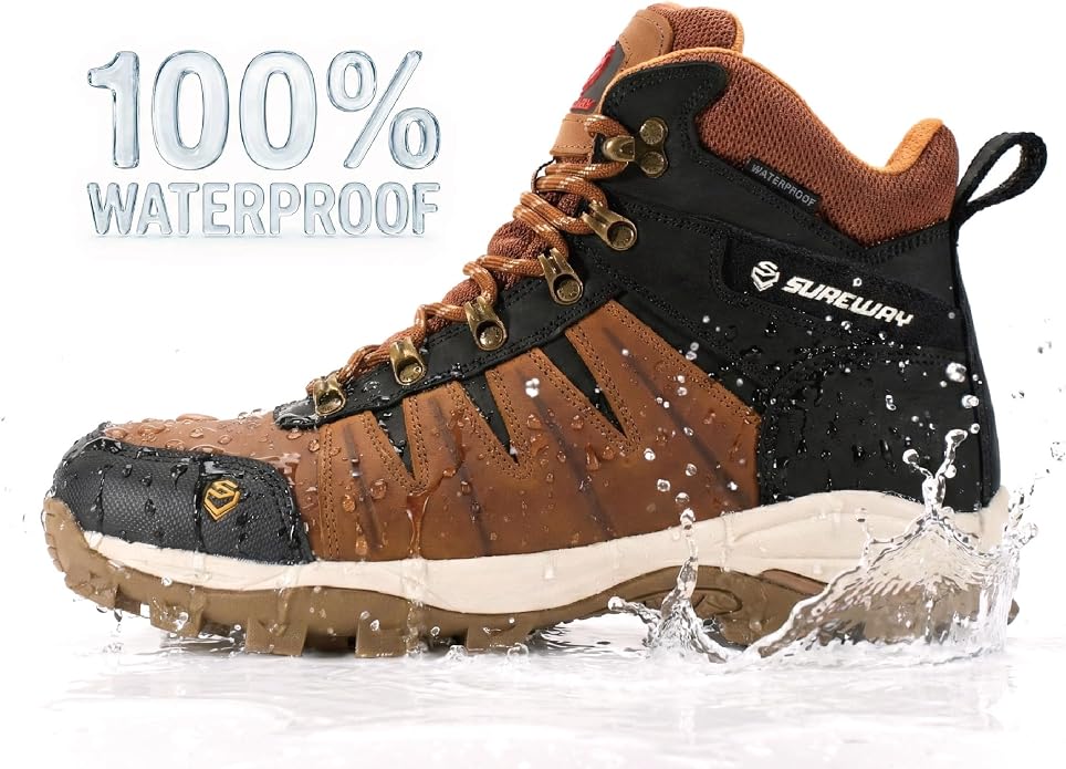SUREWAY Men's 6" Waterproof Work Boots - Soft Toe,Leather Lace Up,EH Rated, Slip Resistant Outsole for Construction, Roofing & Hunting Work Boots