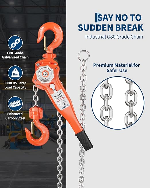1.5 Ton (3300 LBS) Manual Lever Chain Hoist, 10 ft Heavy Duty G80 Galvanized Steel Come Along with Double-Pawl Brake & 360° Rotating Hooks for Garage Warehouse Construction Factory