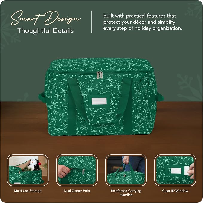Covermates Keepsakes Treasurekeeper Storage Bag - Carrying Handles, ID Window - Holiday Storage, Green Snowflake
