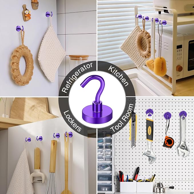 MIKEDE Magnetic Hooks 50Lbs+ Heavy Duty Magnet Hooks for Cruise Cabins | Super Neodymium Hanging Hooks Strong Magnets with Hook for Fridge, Magnetic Hanger for Grill Toolbox Storage Purple 4 Pack