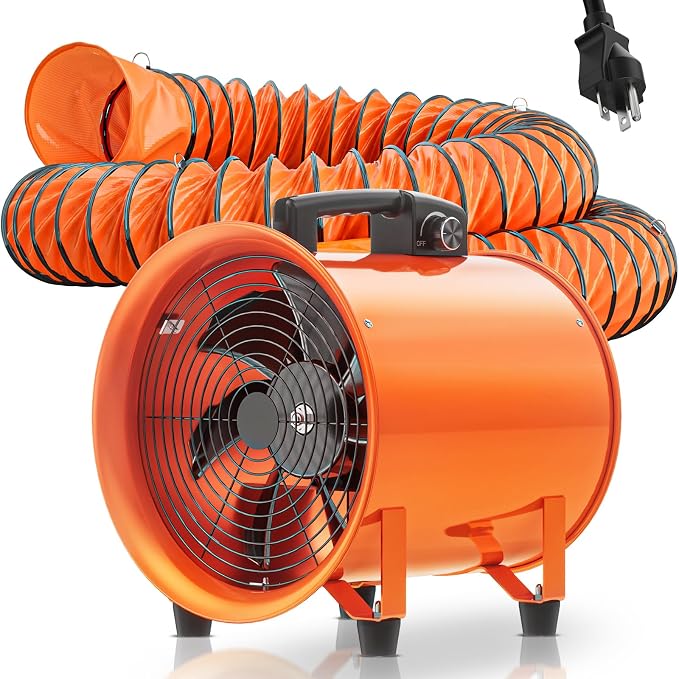 12 Inch Utility Blower Fan, 550W Portable Industrial Cylinder Axial Fan with 33Ft Duct Hose, 3243 RPM High-Velocity Air Extractor Fan Exhaust/Ventilation for Basement Workshop Warehouse Paint Booth