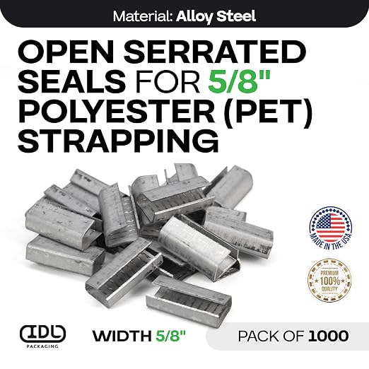 IDL Packaging Open Serrated Seals for 5/8" Polyester (PET) Strapping, Pack of 1000 - USA-Made Heavy-Duty Metal Clips for Pallet Banding, Secure Shipping - Increased Load Due to Serrated Design