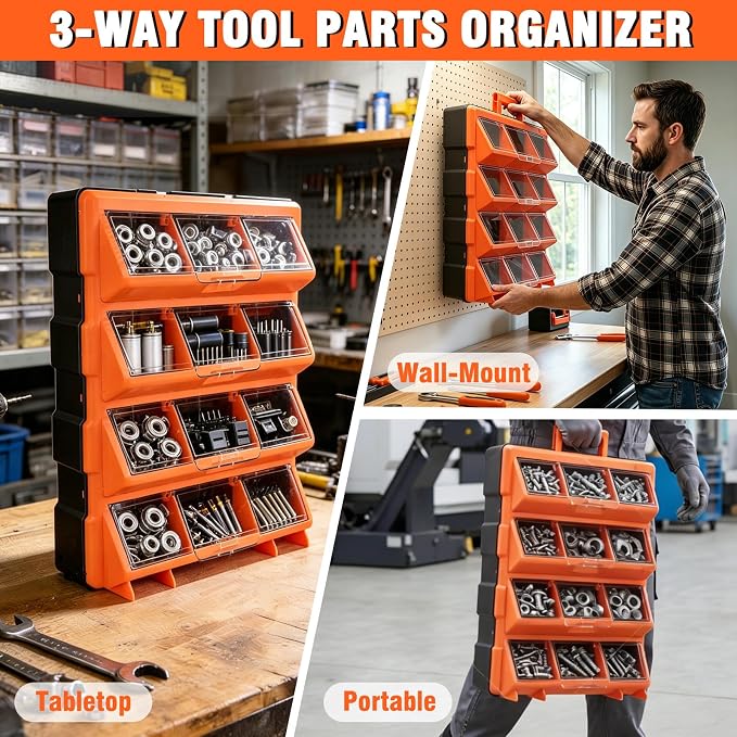 ULIBERMAGNET Tool Box Organizer,12-Compartment Portable Small Parts Organizer for Screws, Bolts,Nails,Washers, Wall-Mounted Hardware Storage Boxes for Garage, Truck, Workshop (Orange)