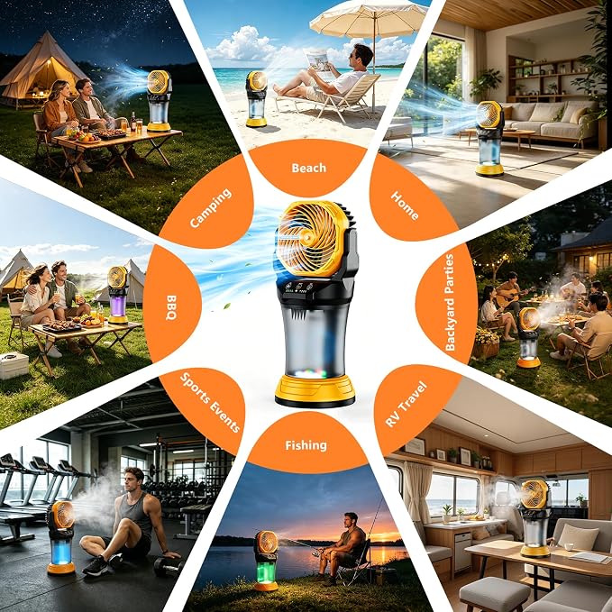 30000mAh Portable Misting Fan, Rechargeable Battery Operated Outdoor Misting Fan with 2L Bucket, 4 Speeds Spray Personal Cooling Fan with RGB Light 120° Auto Oscillating for Patio Camping Beach Garage