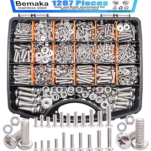 1287Pcs Nuts and Bolts Assortment Kit, 304 Stainless Steel Bolts Machine Screws Hardware Assortment Kit, Metric & SAE Phillips Pan Head Screws, Assorted Bolts, Nuts and Washers Kit