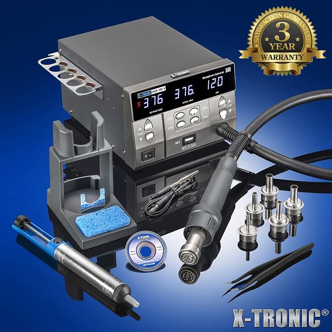 X-Tronic 4020-PRO-X • Hot Air Rework Station • 1000 Watt • Brushless DC Vortex Blower • Quick Change Nozzle Holder • 4 Presets • Temp Calibration, C/F, Auto Cool Down • 3 Straight/2 Spiral Nozzles!