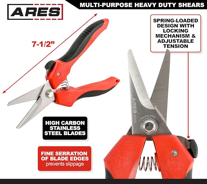 ARES 32005-7 1/2-Inch Multi-Purpose Shears - Finely Serrated High Carbon Stainless Steel Blades - Cuts Wire, Insulation, Soft Cable and More