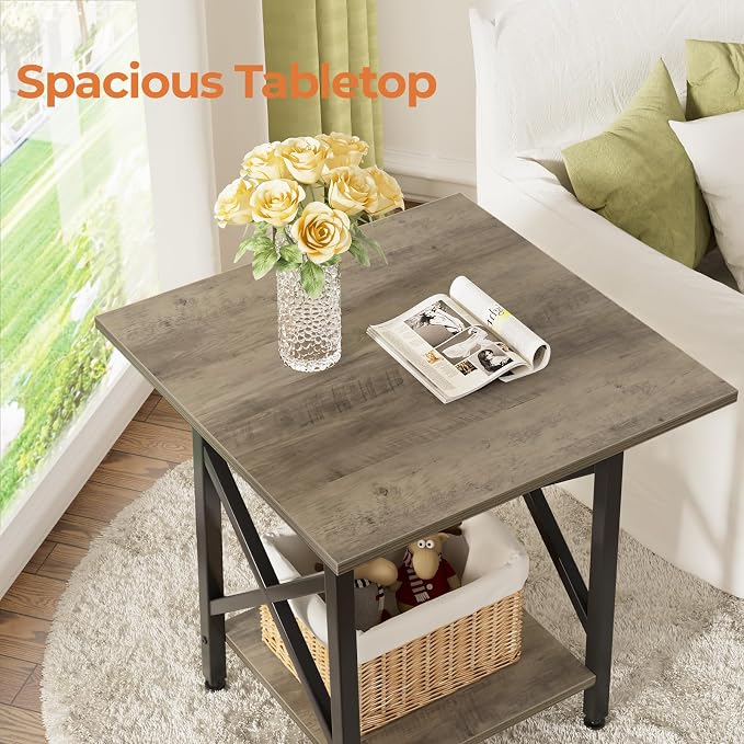 GreenForest Square End Table 24 Inch with X-Frame 2-Tier Storage | Nightstand for Living Room & Bedroom, Rustic Decor, Sturdy, Waterproof Scratchproof Top, Easy Assembly, Gray Wash