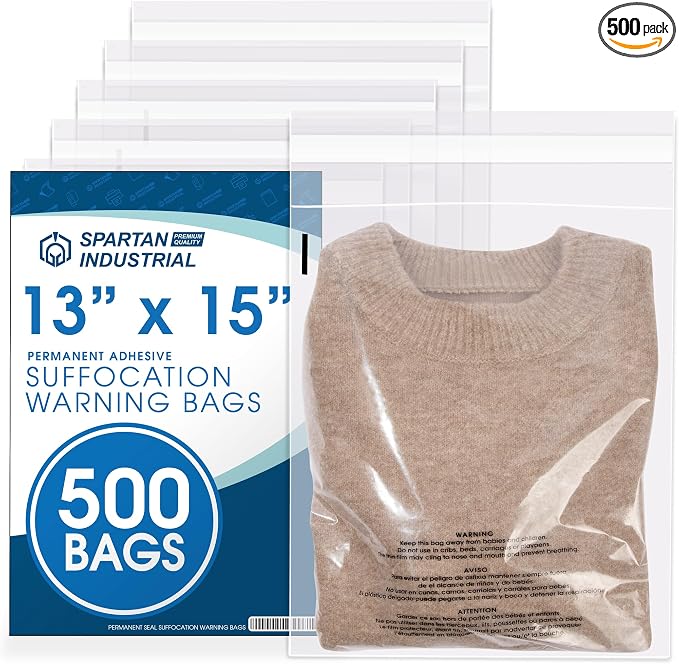 Spartan Industrial - 13" X 15" (500 Count) Self Seal Clear Poly Bags with Suffocation Warning for Packaging, Clothes - Permanent Adhesive