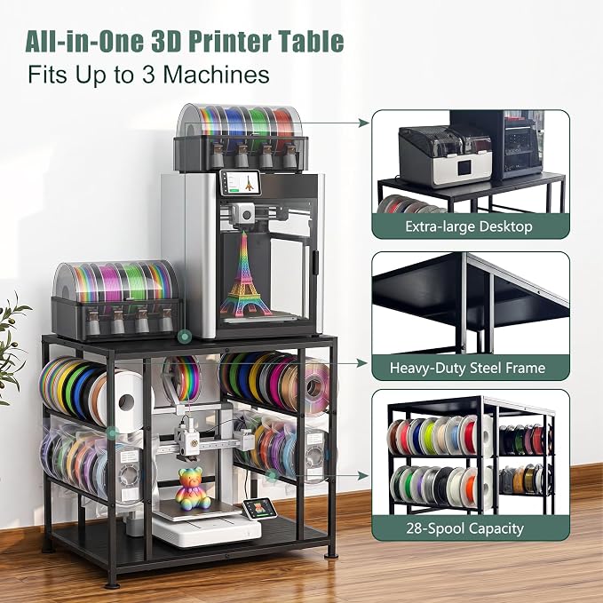 Large 3D Printer Stand with Filament Storage Heavy Duty Metal 3D Printer Table for 3 Printers Anti-Vibration Filament Storage Rack for Workshop Studio Office Black