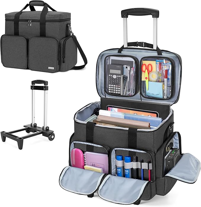CURMIO Rolling Teacher Tote Bag with Padded Laptop Compartment for up to 15.6 Inches Laptop, Wheeled Teacher Bag for Teaching, Office, Craft, Black