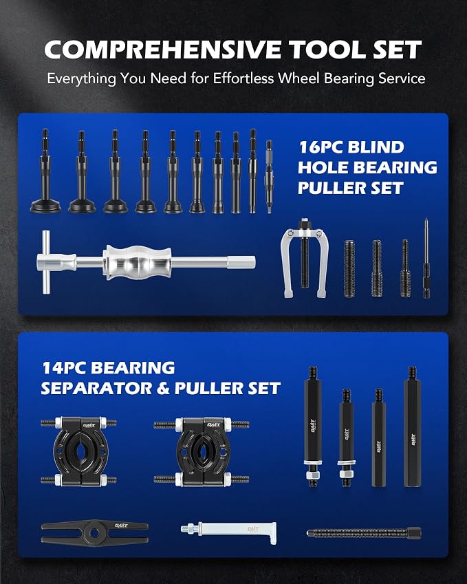 Orion Motor Tech Bearing Puller & Housing Removal Set, 30 pc. 2-in-1 Bearing Puller Tool Set for Wheel Bearing Bushing Axle, Blind Hole Bearing Puller & Bearing Separator Set with Slide Hammer Collets