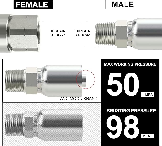 1/2’’ Hose x 1/2’’ NPT Male Hydraulic Hose Crimp Fittings, 10PCS Set for Single Wire Hydraulic Hose
