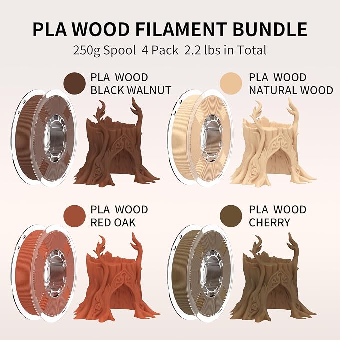 RAMBERY 250gX4 Wood PLA Printer Filament Bundle 1.75mm 3D Printing Filament Real Wood Fibers Added Fit Most Printers, Total 1kg, 2.2 lbs
