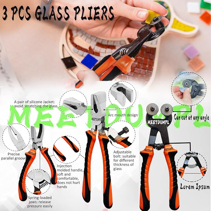 26pcs Stained Glass Kit，Glass Cutters Tools，Stained Glass Supplies,Heavy Duty Glass Running Pliers，Wheeled Glass Nippers，Breaker Grozer Pliers，Glass Cutter，for Stained Glass,Mosaics,Fusing,Breaking(3)