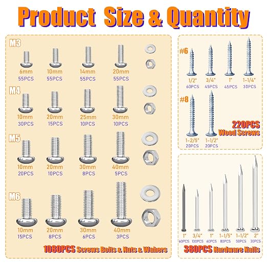Dianrui 1680 PCS Nails and Screws Assortment Kit & Screw Bolts and Nuts, M3/M4/M5/M6 Machine Screws, Small Nails for Picture Hanging, #6#8 Drywall Screw Set for DIY Repair Project Length 1/2" to 2"
