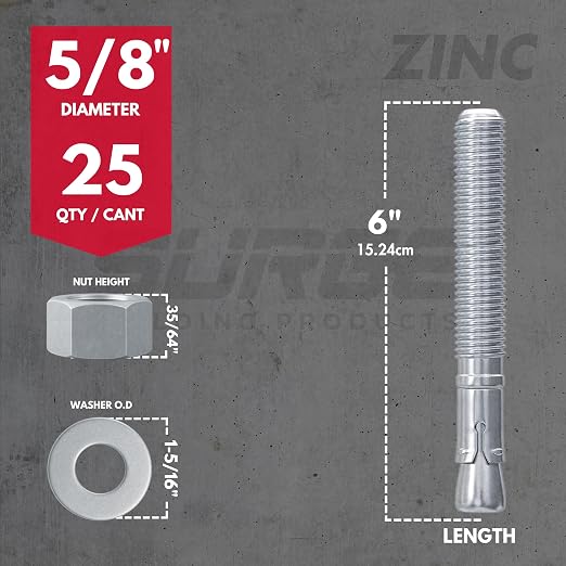 5/8" x 6" Zinc-Plated Wedge Anchors for Concrete and Cement | Heavy-Duty 5/8 Concrete Anchors (Box of 25)