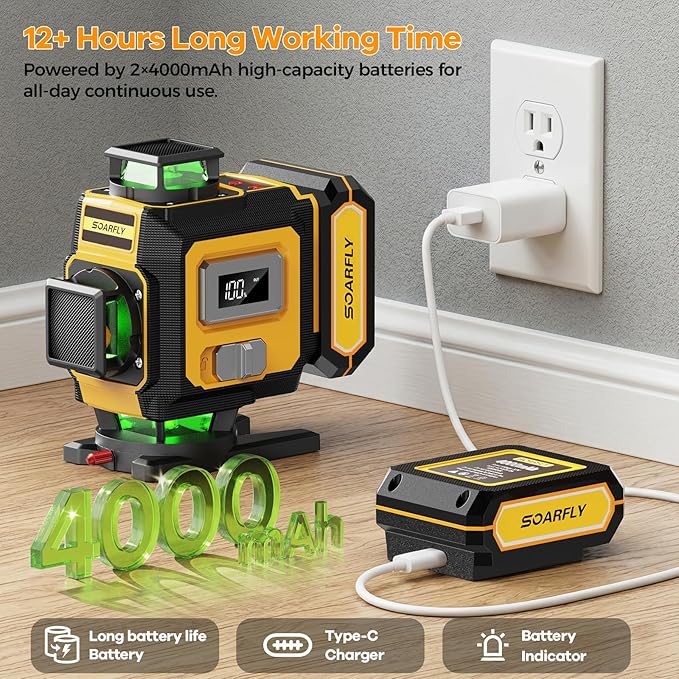 SOARFLY Laser Level with Tripod, 4x360° Self-Leveling Green Beam 4D Laser Level, Dual 4000mAh Lithium Batteries, Laser Level kit for Tile Installation, Framing, Picture Hanging & Home Renovation