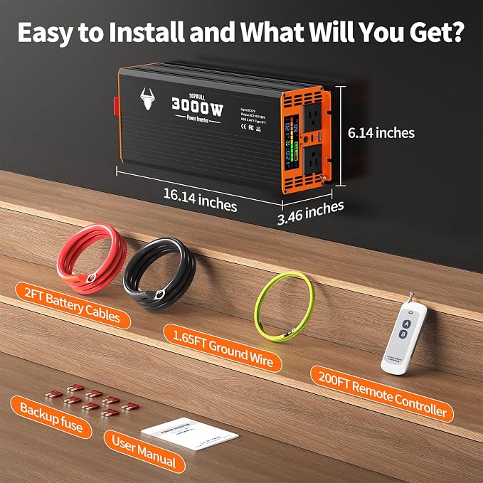 3000 Watt Power Inverter, Car/Home 12V DC to 110V AC Converter, with LED Display, Dual AC Outlets, USB Port, Dual Smart Fans, Cables Included, Suitable for Home, RV