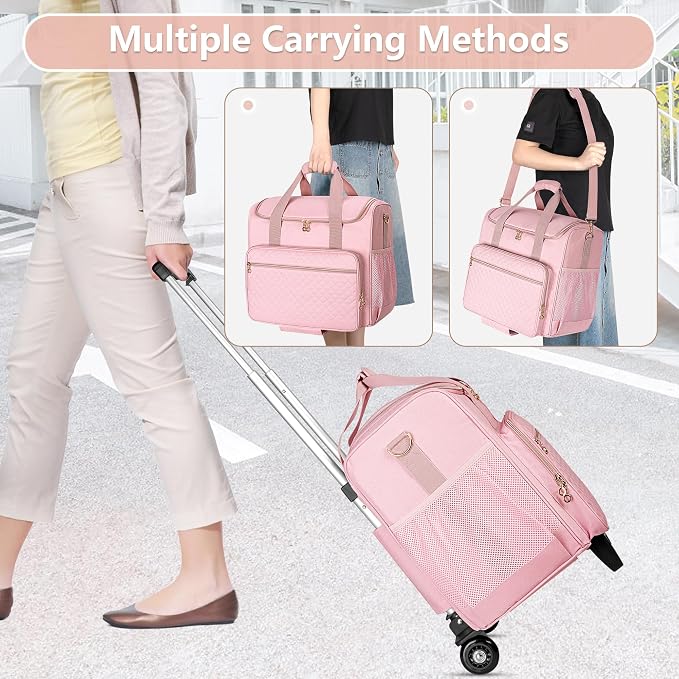 LUXJA Rolling Craft Bag with Pockets for 12 x 12 inch Scrapbook Album and Laptop, Rolling Scrapbook Tote with Detachable Dolly (Patent Pending), Pink