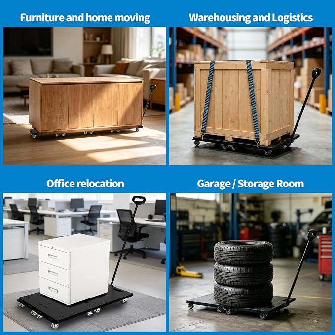 Furniture Dolly with Removable Pull Handle, Maximum Load 1760LBS, Connectable Heavy Duty Moving Dolly Cart, 4 Wheel Flat Dolly with 2.5in 360° Rotatable Rubber Wheels for Home Garage Black 4Pack