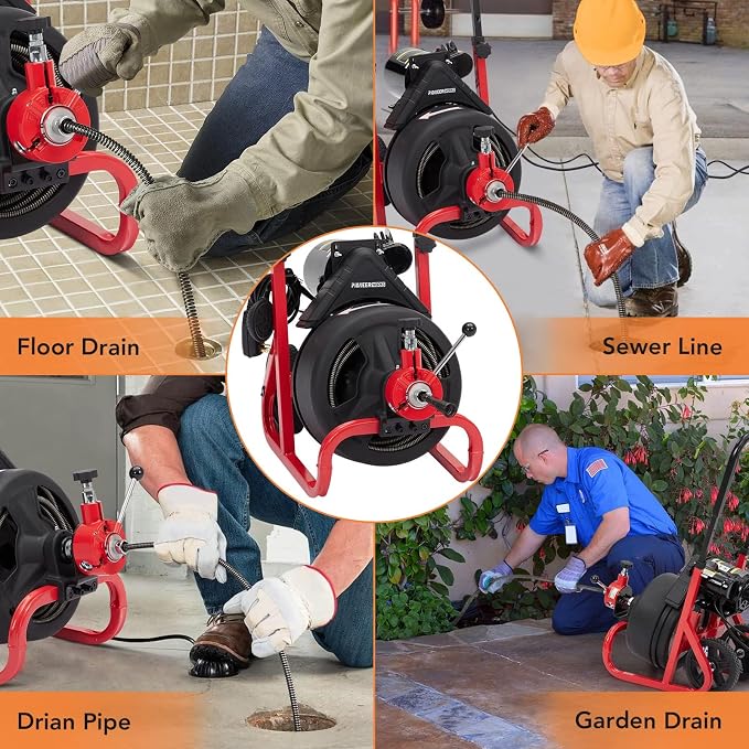 75Ft x 1/2 Inch Drain Cleaner Machine, Electric Drain Snake with 6 Cutters Gloves, Electric Drain Clog Remover Plumbing Tool for 2 to 4 in Pipes, Auto Feed Sewer Snake Auger Drain Auger Cleaner