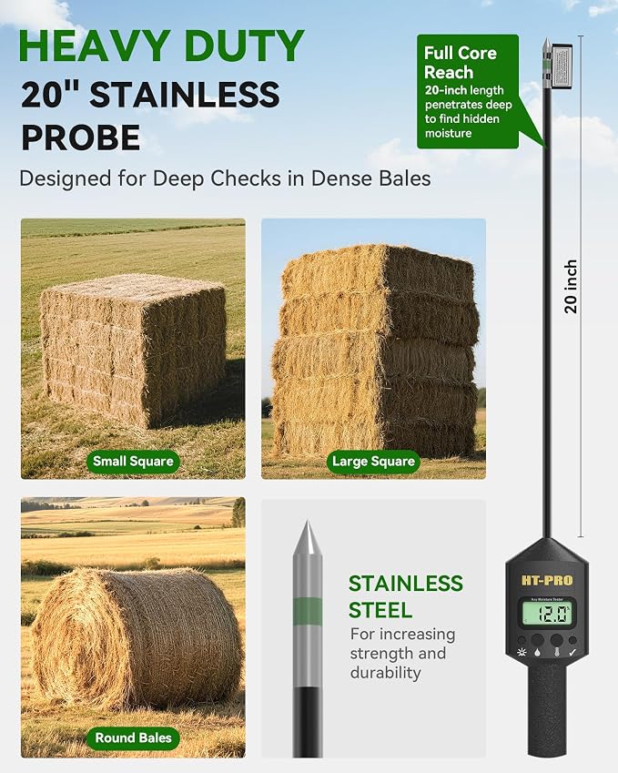 Hay Moisture Tester with 20" Reinforced Probe, Digital Hay Moisture Meter with Temperature Reading for Alfalfa, Hay Bales, Square and Round Bales, Carry Bag Included,Black