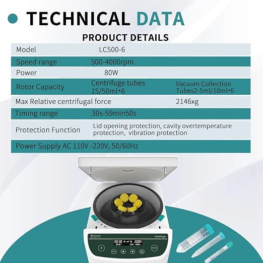 Centrifuge Machine PRP PRF 2ml-5ml/10ml/15ml/50mlx6 Speed 500-4000rpm 2146xg RCF Lab Benchtop Centrifuges Store 9 Programs Timer 30sec-99min