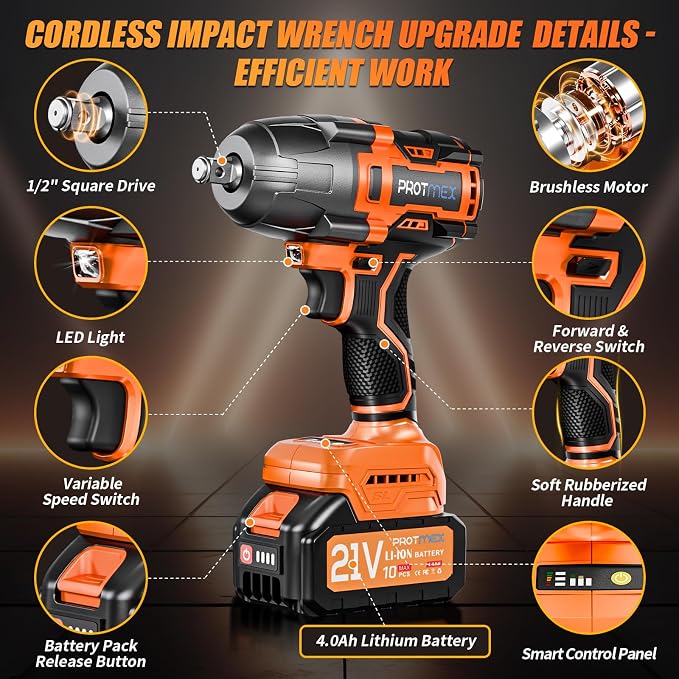 Protmex Cordless Impact Wrench, 900Ft-lbs (1200N.m) 1/2" Brushless Impact Gun, 21V High Torque Power Impact Driver, 2x4.0Ah Batteries Electric ImpactMotor Variable Speeds for Car/Pickup Truck/Mower