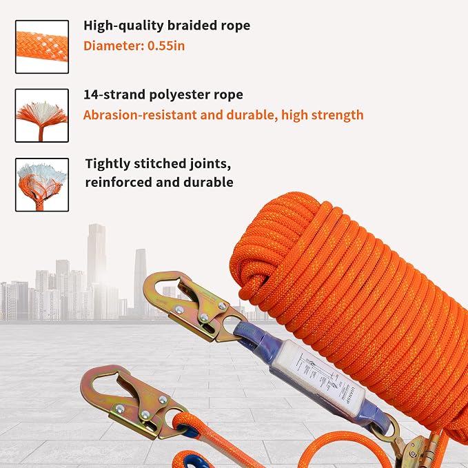 Fall Protection Safety Rope 25ft Heavy Duty Vertical Roofing Grab Snap Hook Shock Absorber Fall Protection Line Kit Restraint System Roofing Safety Equipment(25FT)