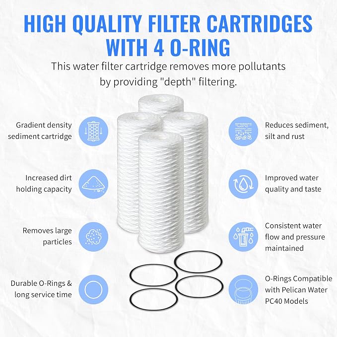 CFS – 4 Pack Sediment Water Filter Cartridges with 4 O-Rings Compatible with Pelican Water PC40 Models – Removes Bad Taste & Odor – Whole House Replacement Filter Cartridge – 5 Micron – 10" Cartridge