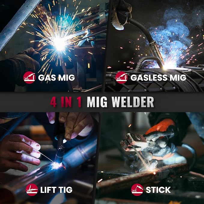 Bestarc 145A MIG Welder 110V 220V, 4 in 1 Gasless Flux Core MIG/Lift TIG/Stick Welder, Synergic IGBT Inverter Welding Machine with Large LED Display, Dual Voltage for Beginners DIY