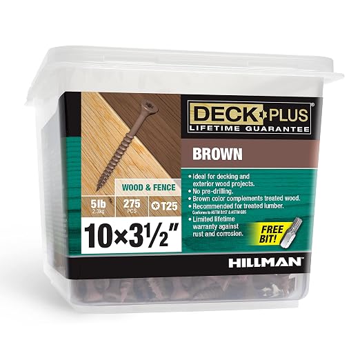 Deck Plus 3-1/2 Inch Epoxy Coated Exterior Wood and Fence Screws #10 x 3-1/2" Torx/Star Drive Included Coarse Thread, Outdoor Rust Resistant Decking Screw, Brown, 5 lb Box, 275 Pieces | 49012