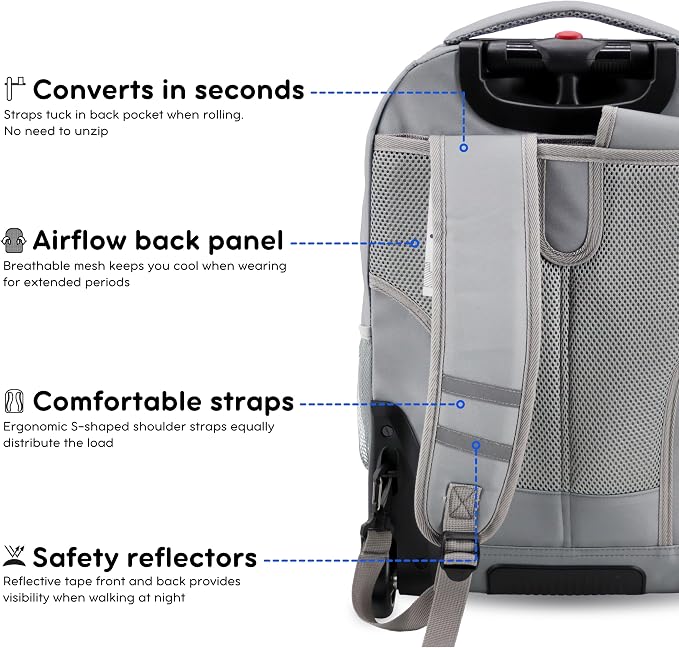 J World Sundance Laptop Rolling Backpack for Girls Boys. Roller Bookbag with Wheels, 20 Inch, Grey