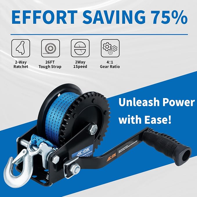 2000lbs Heavy Duty Boat Trailer Winch with 26FT Strap, 2-Way Ratchet & 4:1 Gear Trailer Winch, Portable Hand Crank Winch for Boat, Truck, Trailer, RV, ATV, Jet Ski
