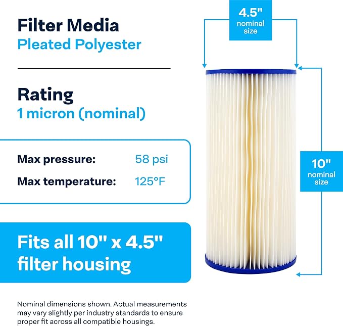 SpiroPure 10x4.5 1 Micron Pleated Sediment Water Filter SPC-45-1001, 8 Pack