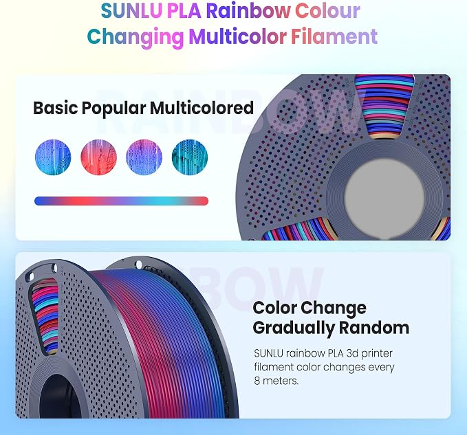 SUNLU Rainbow PLA Filament 1.75mm, Multicolor Gradient 3D Printer Filament, Neatly Wound 3D Printing Filament, Dimensional Accuracy +/-0.02mm, 1KG Spool(2.2 lbs), Rainbow PLA 02
