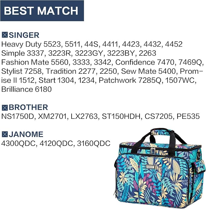 HOMEST Sewing Machine Carry Case, with Shoulder Strap and Front Pocket | Fits most standard Singer, Brother and Janome machines, with storage pockets for sewing accessories and tools, Floral