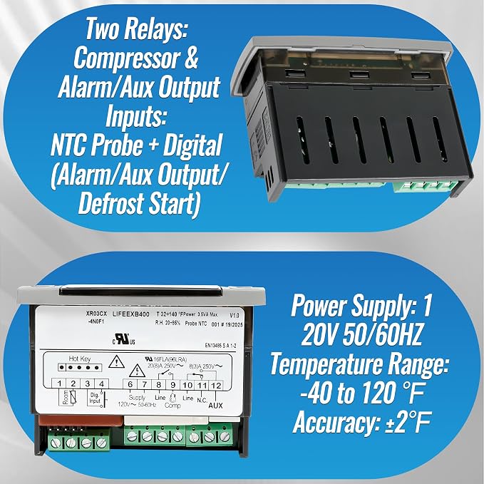 Replacement for Dixell XR03CX-4N0F1 Temperature Controllers, Ideal for 120V 50-60hz Commercial Refrigerators/Freezer, Digital Thermostat with Sensor Probe & Mounting Hardware