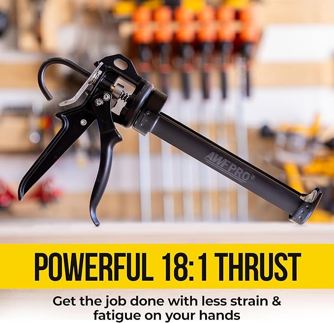 AWF PRO Heavy Duty Caulk Gun, 18:1 Thrust Ratio, Steel Frame Construction, Rotating Barrel, Ladder Hook, Puncture Tool & No Drip Pressure Release Tab, 10 oz Caulking Gun