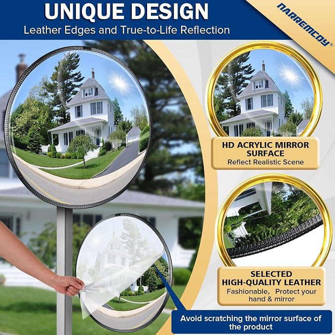 20" HD Acrylic Convex Mirror - 160 Adjustable Wide Angle View, Leather Frame & ABS Back, Blind Spot Mirror for Indoor/Outdoor Use in Garage, Warehouse, Driveway, Store & Office Security