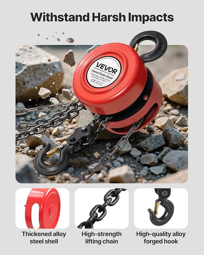 VEVOR Hand Chain Hoist, 2 Ton 4400 lbs Capacity, Manual Chain Block with Upgrade G70 Galvanized Chain, 10 ft Lifting Height, Heavy Duty Pulley Hoist for Garage Warehouse Automotive Machinery, Red