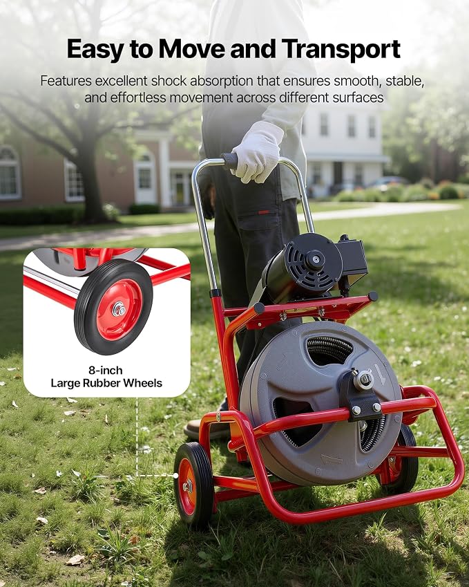 VEVOR Drain Cleaner Machine 75 FT x 1/2 Inch, Sewer Snake Auger on Wheels, Manual Feed Drain Cleaning Machine with Adjustable Drum Angle, 6 Cutters & Air-activated Foot Switch for 2" to 6" Pipes
